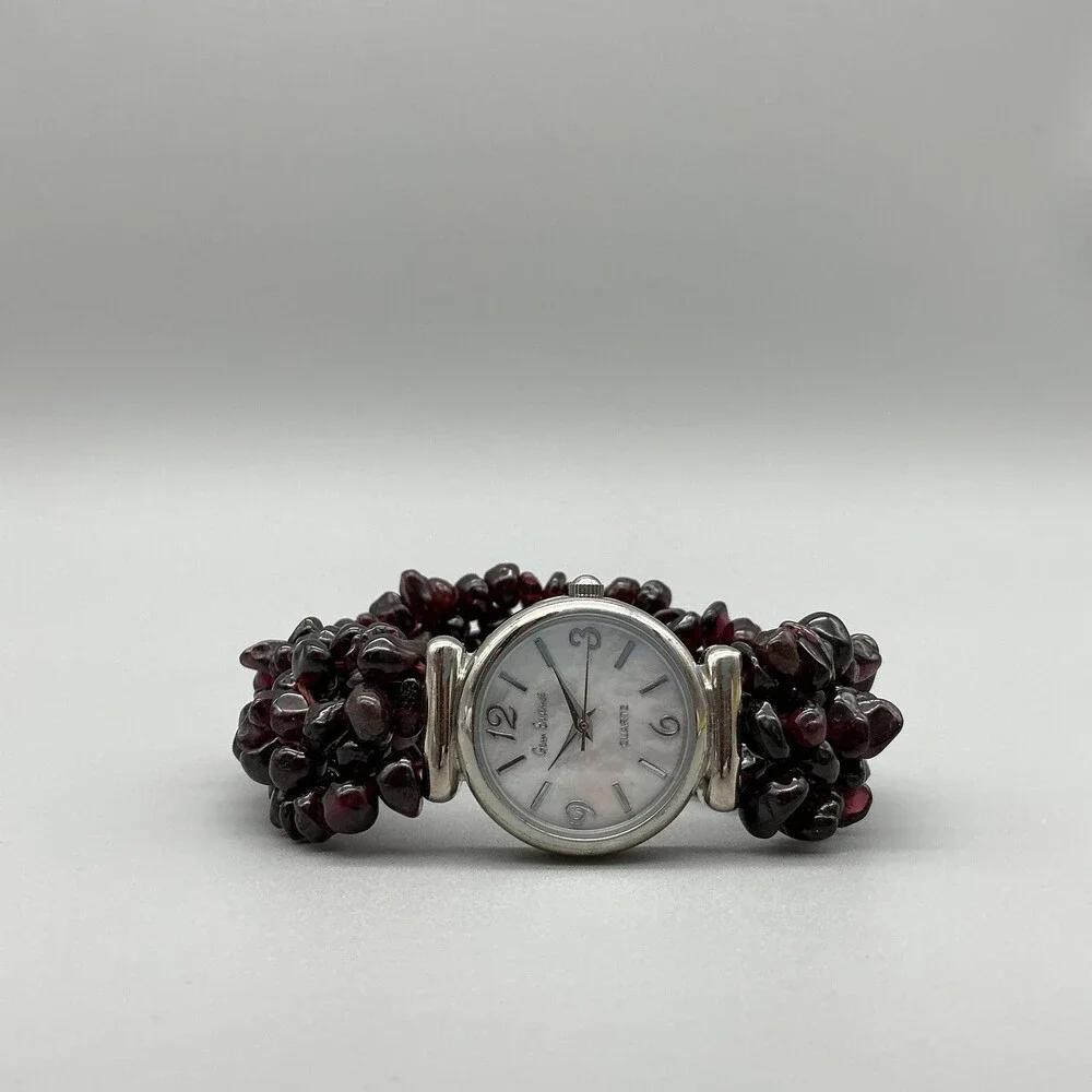 Gem Essence Womens Watch 25mm White MOP Dial Red Bead Bracelet B8324 New Battery